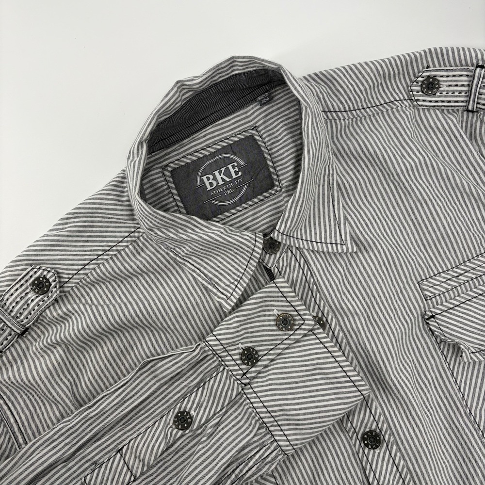BKE Shirt Mens XXLarge Grey Pinstriped Cotton‎ Button Up Collared Athletic Fit